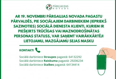 Personas ar maznodrošinātā vai trūcīgā statusu varēs saņemt bezmaksas vairākkārtēji lietojamas sejas maskas