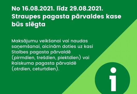 Izmaiņas Straupes pagasta pārvaldes kases darba laikā 