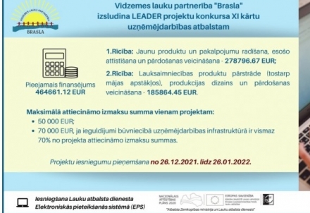 Vidzemes lauku partnerība "Brasla" izsludina LEADER projektu konkursa XI kārtu uzņēmējdarbības atbalstam