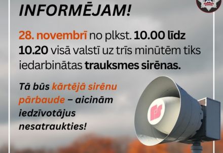 VUGD 28.novembrī veiks trauksmes sirēnu pārbaudi