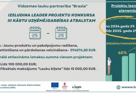 Izsludināta LEADER projektu konkursa 3. kārta uzņēmējdarbības atbalstam