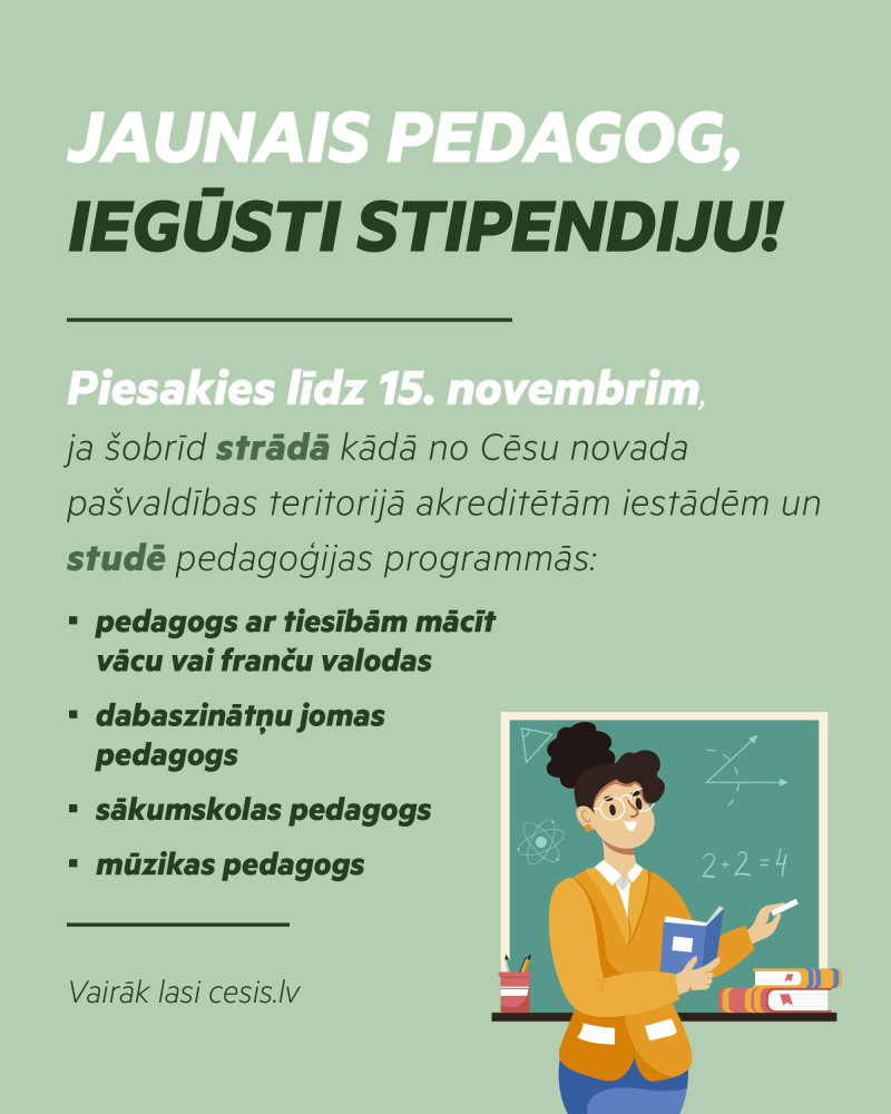 Aicinām jaunos pedagogus pieteikties pašvaldības stipendijai
