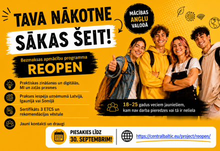 Jauniešiem iespēja bez maksas apgūt darba tirgū pieprasītas prasmes